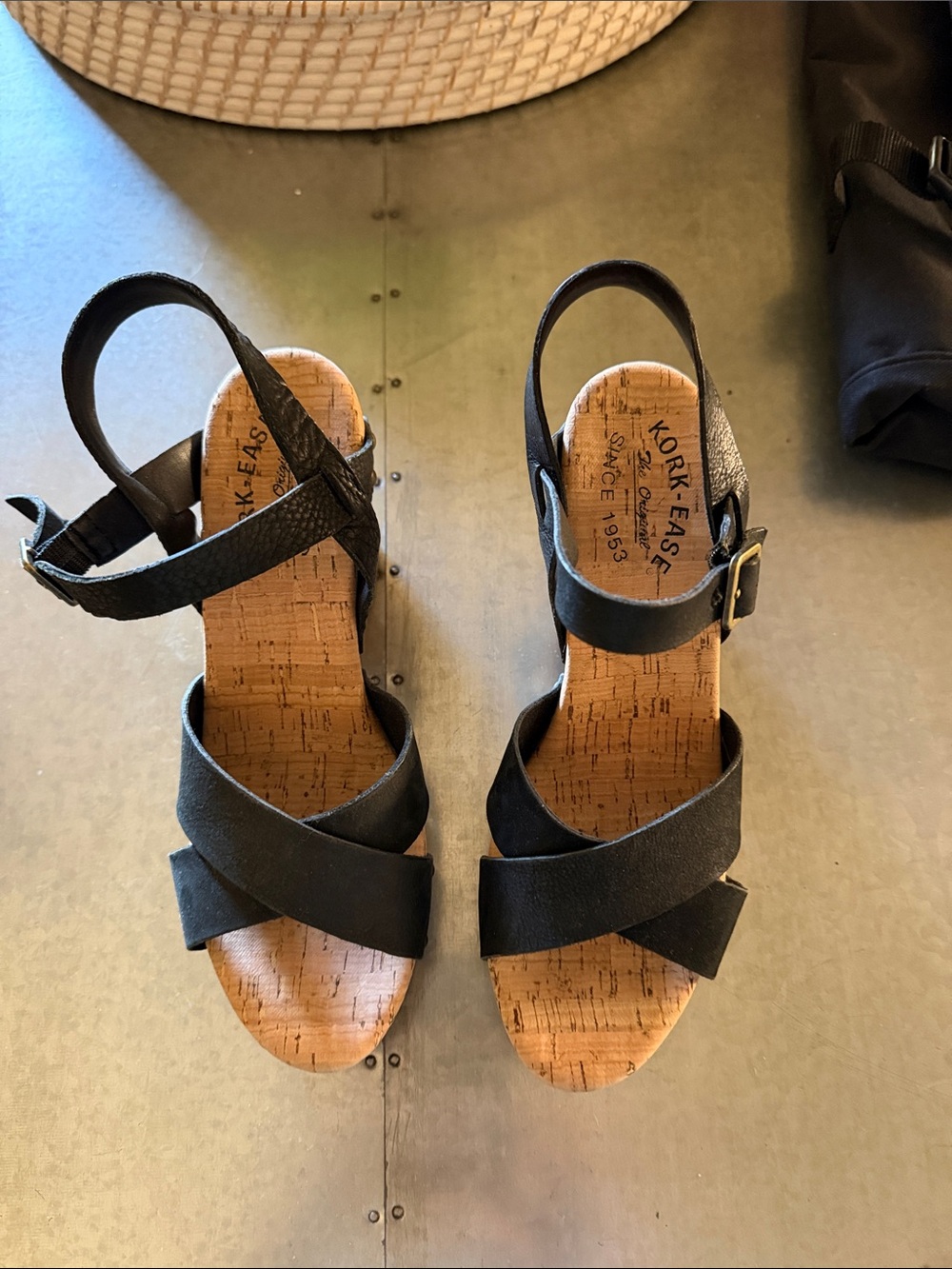 Kork-Ease Black Cross-Strap Cork Wedge Sandals 8